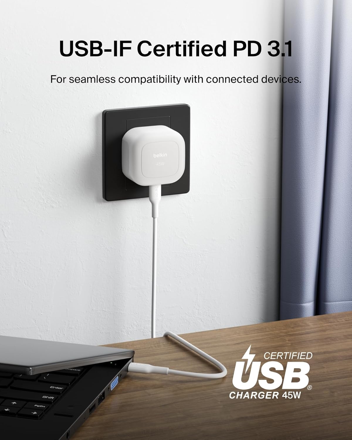 Belkin Compact Wall Charger 45W + USB-C to USB-C Cable, Fast Charging