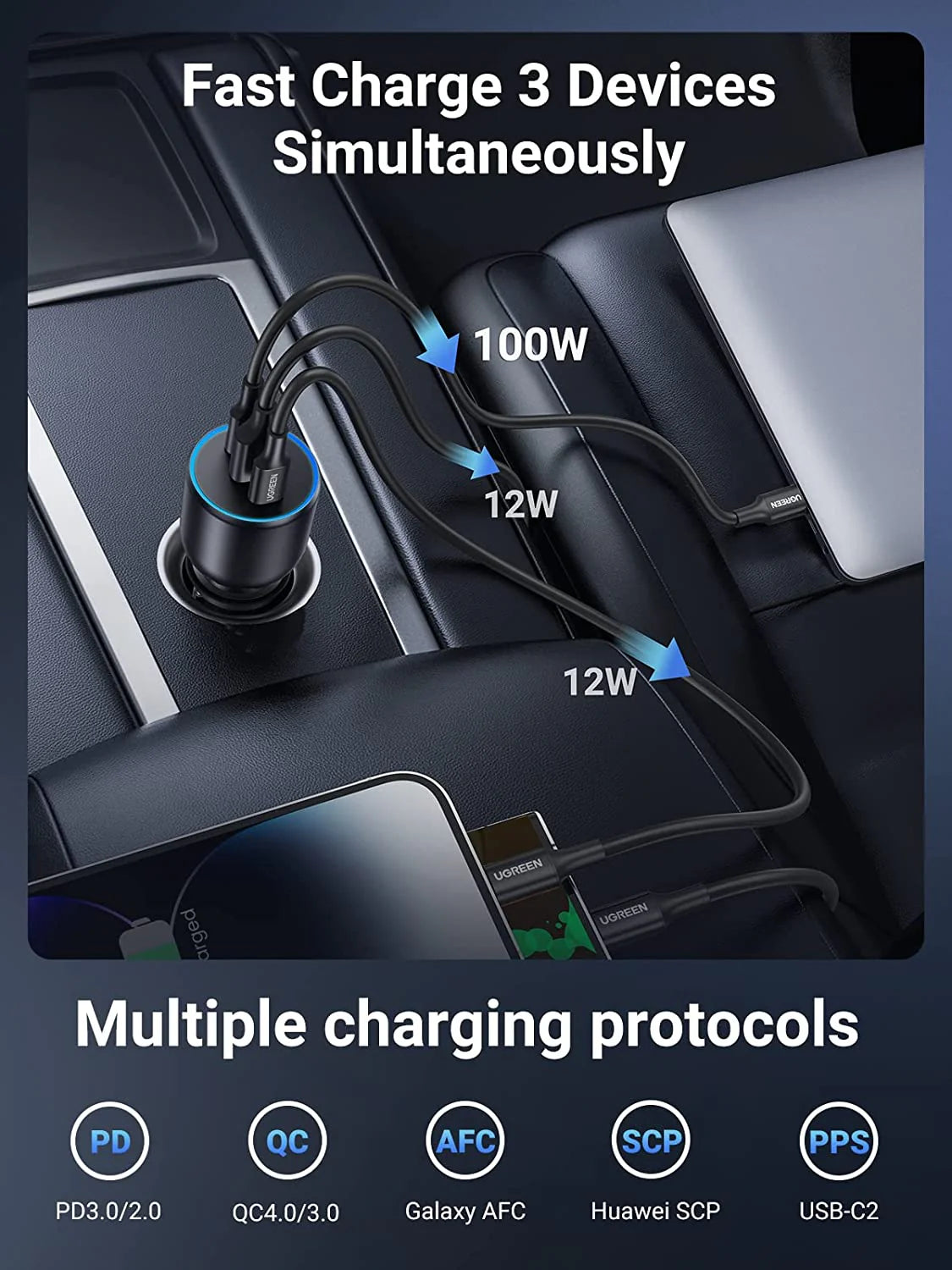 UGREEN 130W 3 Port Car Charger