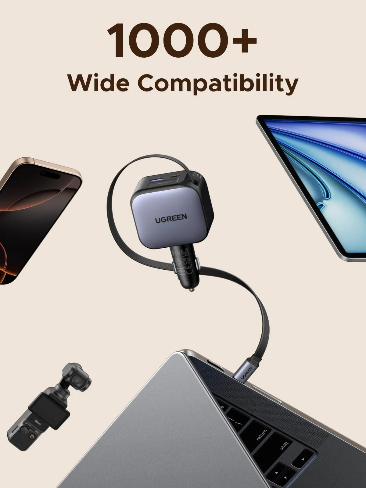 UGREEN Nexode Car Charger 75W with Retractable USB-C Cable